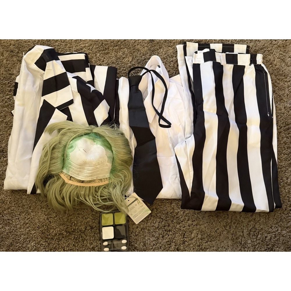 beetlejuice costume Halloween Stripes Full Suit TieMask Hair Makeup Size Large